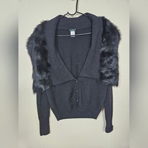 J CREW Black Merino And Shearling Cardigan